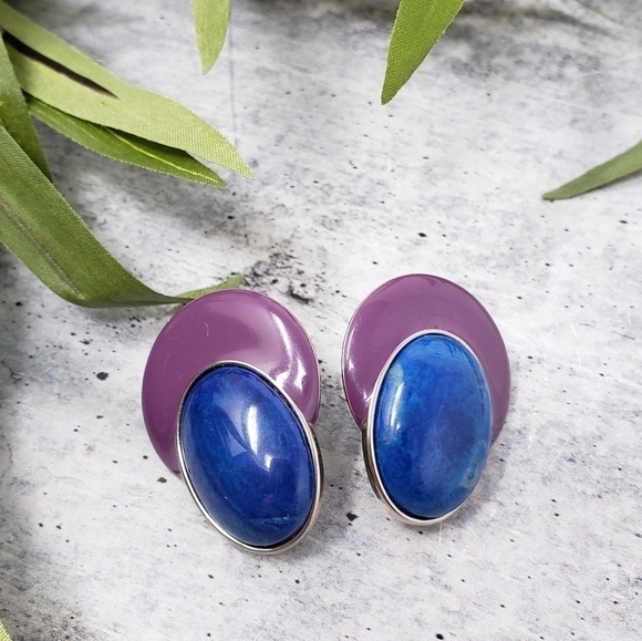 Art Deco Blue Purple Geometric Clip On Earrings - Picture 1 of 2